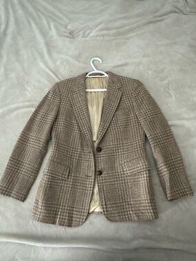 Tailored Plaid Two-Button Blazer in Tan and Cream